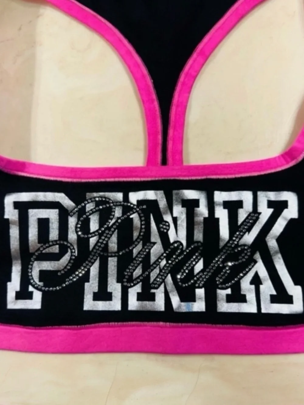 PINK VICTORIA’S SECRET Cotton Dorm Racerback Black Pink Bling VIRAL Bralette XL - Picture 6 of 12